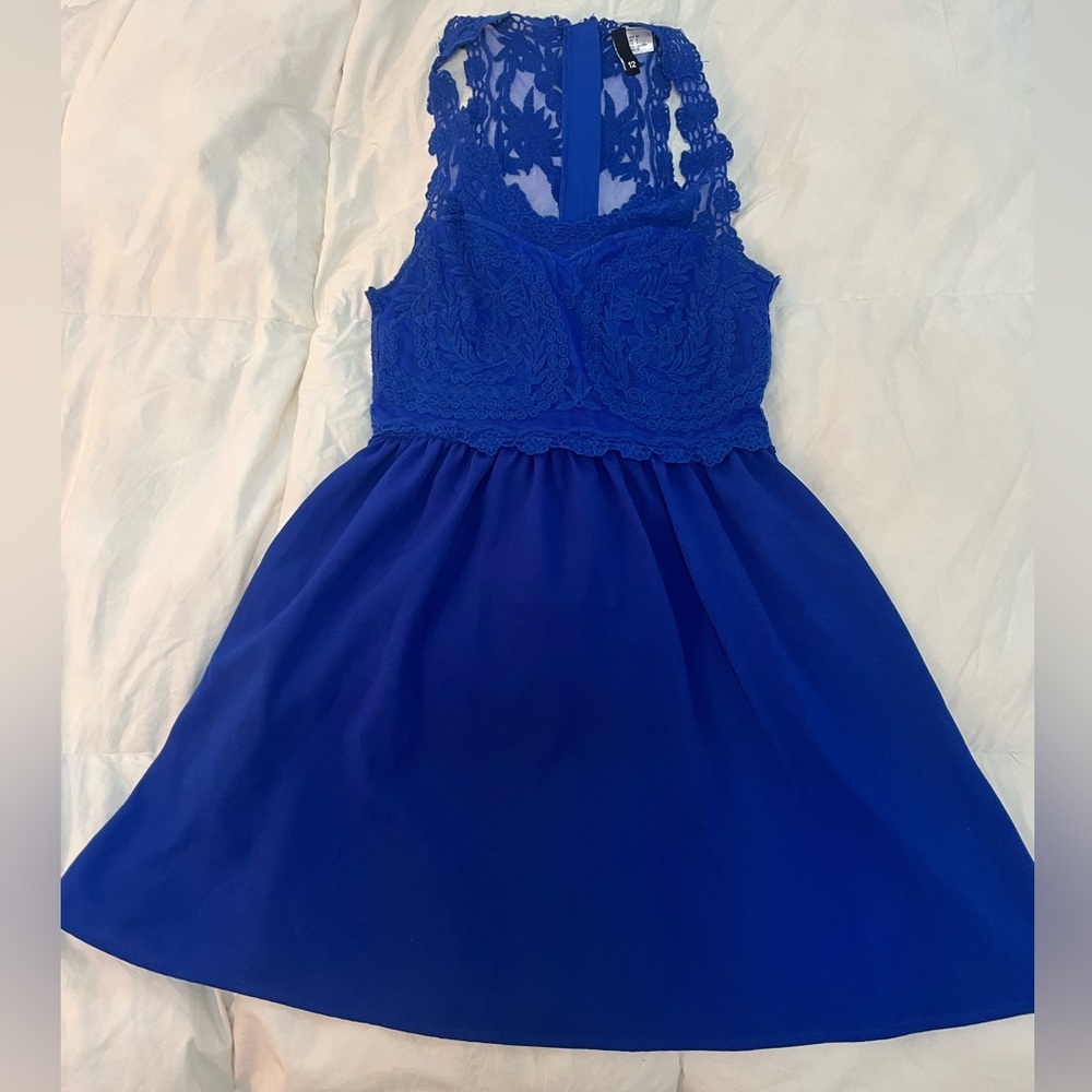 H&M Royal Blue Embroidered Lace A-Line Skater Sleeveless Mini Dress Size 8